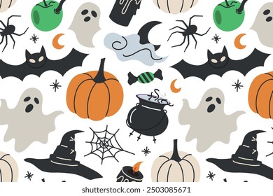 Halloween themed hand drawn seamless pattern, spooky colored ornament of pumpkins, witch hat, bats and cauldron icons, vector illustrations of Halloween party symbols on white background