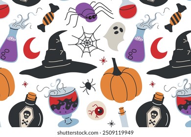 Halloween themed hand drawn seamless pattern, spooky colored ornament of pumpkins, witch hat, spiders and ghosts icons, vector illustrations of Halloween party symbols on white background