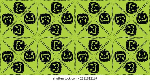 Halloween themed holiday pattern featuring a spooky pumpkin and spiky vine. Scary background doodle in vector.