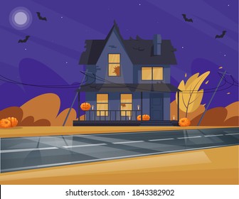 Halloween themed house semi flat vector illustration. Frightening and mystical two-storied building. Spooky vibes. Pumpkins, night bats, autumn season 2D cartoon scene for commercial use