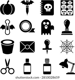 Halloween themed icons featuring pumpkins bats ghosts and spooky decorative elements in silhouette style