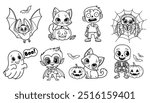 Halloween themed illustration with cute spooky characters. Bat, ghost, zombie, skeleton, vampire, spider and kittens 