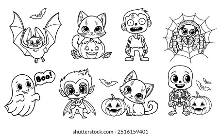 Halloween-Illustration mit niedlichen, unheimlichen Charakteren. Fledermaus, Geist, Zombie, Skelett, Vampir, Spinne und Kätzchen 