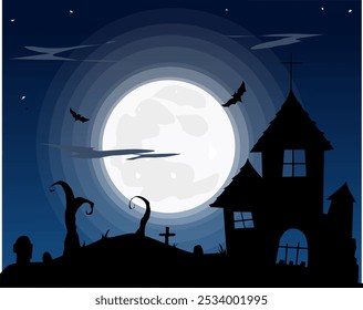 Projeto de ilustração temático Halloween da silhueta de um velho castelo com um cemitério ao lado dele contra o fundo do céu noturno e, claro, a lua cheia, 
Para sua ilustração