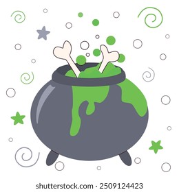 Halloween themed illustration featuring a bubbling cauldron filled with green potion and bones, surrounded by whimsical stars and swirls. Perfect for spooky designs, party invitations.
