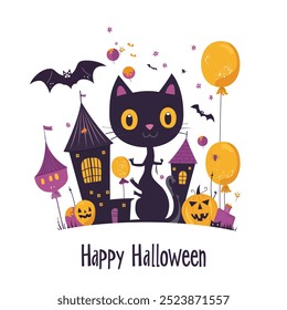 Halloween themed illustration featuring a playful black cat, spooky pumpkins, haunted houses, flying bats and festive balloons.	