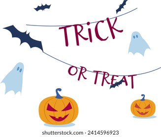 Halloween themed illustration with smiling jack-o'-lanterns, flying bats, and cute ghosts. 'Trick or Treat' phrase in festive font. Spooky and fun October holiday celebration vector illustration.