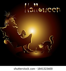 Halloween themed illustration with an ugly witch and a frightened cat.