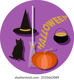 Ilustração temática de Halloween com atributos de bruxa em fundo roxo