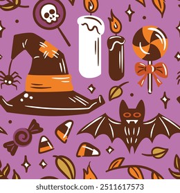 Halloween Themed Illustrations featuring Candy along with Spooky Elements and Details. Seamless pattern for wallpaper, fabric, wrapping, background.