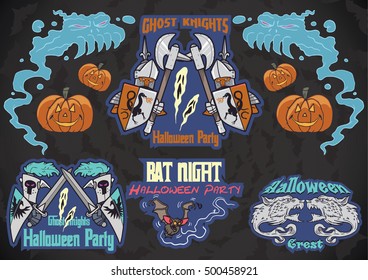 Halloween themed illustrations of knights armour and pumpkins 