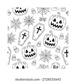 Ilustraciones temáticas de Halloween con calabazas, arañas y ataúdes