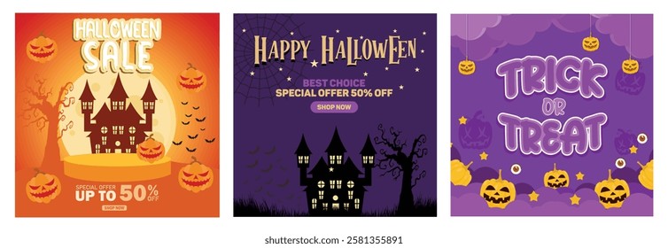 Halloween themed illustrative banner. Featuring pumpkins, haunted houses and promotional offers in a festive and spooky style. Halloween party concept. Set flat vector illustration.