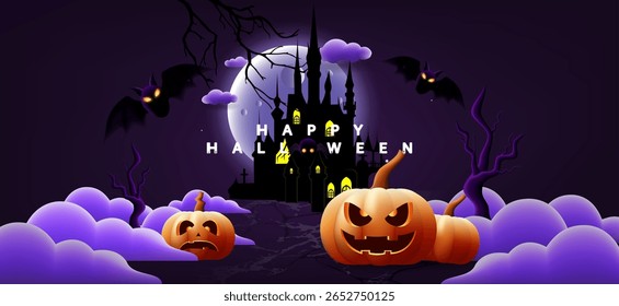 A Halloween themed image that looks scary but also fun in the festive style. Gives a spooky feeling to the theme along with images of pumpkins and mysterious elements in the night atmosphere.