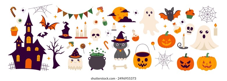 Halloween themed images including a witch, skeleton, pumpkin, and bat. The image is a collection of Halloween-themed graphics