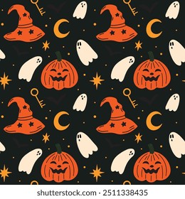 Tema de Halloween, Jack-O-Lantern Creepy tallado Vector de cabeza de calabaza diseño de patrón sin fisuras. Ilustración de otoño en estilo funky groovy retro de dibujos animados planos, decoración, papel de regalo, fondo
