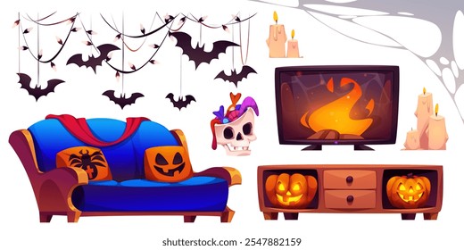 Conjunto interior de sala de estar temático Halloween - sofá com travesseiros de abóbora, morcegos pendurados e guirlanda, pote de crânio decorado com doces, velas iluminadas e tela de TV com vídeo de fogo, valete brilhante ou lanternas.