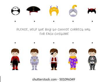 Halloween themed logic matching game for kids, Choose correct hat for boy dressed in costumes of devil, knight, pirate, monster and skeleton. A4 format ready for print.