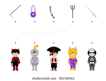 Halloween themed logic matching game for kids, Choose correct accessories for boy dressed in costumes of devil, knight, pirate, monster and skeleton. A4 format ready for print.