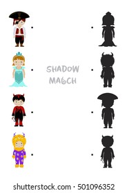 Halloween themed logic shadow matching game for kids, Choose correct dress shadow for children dressed in costumes of monster, pirate, mermaid and devil. A4 format ready for print.