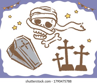 Halloween themed mummy head, coffin and graveyard. Vector illustration.