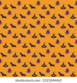 A Halloween themed pattern of bats and witches is displayed on an orange background. The bats are in various sizes and positions, with some flying and others standing still