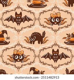 Padrão temático de Halloween com muitos elementos assustadores para criar uma atmosfera festiva. Gato preto, chapéu de bruxa, morcegos. Padrão perfeito para papel de parede, tecido, embalagem, fundo.