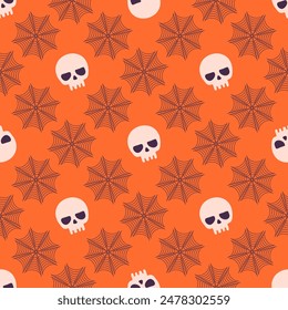 A Halloween themed pattern with skulls and spider webs. The skulls are positioned in the center of the pattern, while the spider webs are scattered throughout the design. Scene is spooky and festive