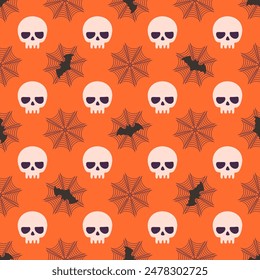 A Halloween themed pattern of skulls and spider webs. The skulls are drawn in a cartoon style and are scattered throughout the pattern