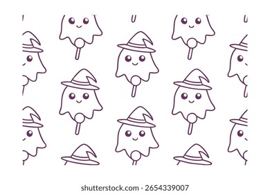 Halloween themed pattern with smiling ghosts wearing witch hats holding lollipops on a
