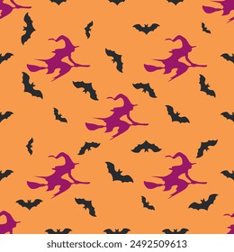 A Halloween themed pattern of witches flying on broomsticks and bats. The pattern is orange and black