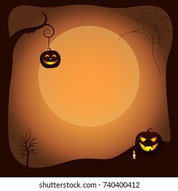 Halloween themed poster background with luminous spooky pumpkins, bare trees, big spider web and moon silhouette vector illustration.