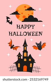 A Halloween themed poster with bats flying around a castle and a moon in the background. The poster says "Happy Halloween" in bold letters