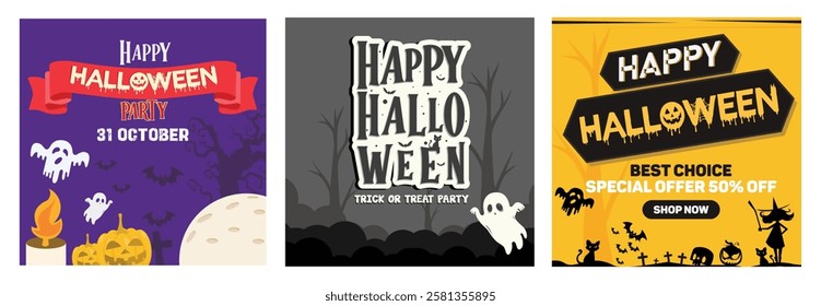 Halloween themed poster. Featuring party invitations, spooky designs, and festive decorations. Halloween party concept. Set flat vector illustration.