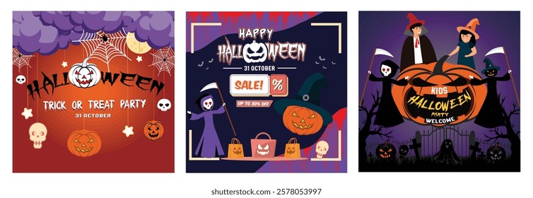 Halloween themed poster featuring pumpkins, cobwebs and a spooky atmosphere. Up to thirty percent off for October 31st. Children in costumes celebrating Halloween. Set flat vector modern illustration