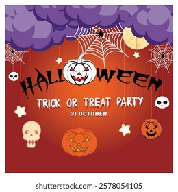 Halloween themed poster featuring pumpkins, spiderwebs, and a spooky atmosphere. Perfect for holiday celebrations. Flat vector modern illustration