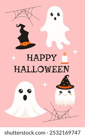 A Halloween themed poster with four ghosts and a witch. The poster says "Happy Halloween" and features a spider web and a candle