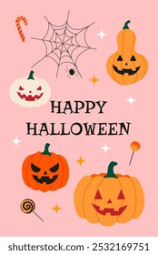 A Halloween themed poster with a spider web and pumpkins. The poster says "Happy Halloween" and features a variety of Halloween themed images