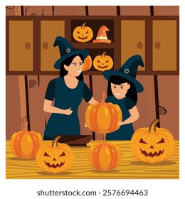 A Halloween themed scene featuring two witches preparing jack o lanterns on a festive table. Flat vector modern illustration 