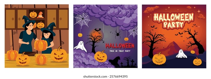 Halloween themed scene. Perfect for festive celebrations and seasonal decorations. Perfect for holiday event invitations and festive themed designs. Set flat vector modern illustration