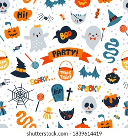 Halloween themed seamless pattern background with cute hand drawn elements and letters.