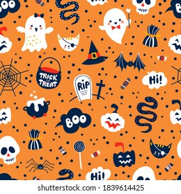 Halloween themed seamless pattern background with cute hand drawn elements.