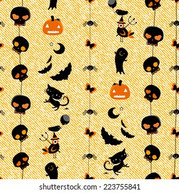 halloween themed seamless pattern with cute skulls, ghosts, cats, bats, pumpkins etc