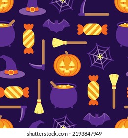 Halloween themed seamless pattern of orange and purple colored icons