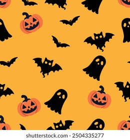 Halloween Themed Seamless Pattern with Pumpkins, Bats, and Ghosts