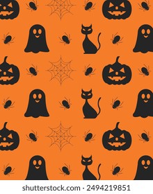 Halloween themed seamless pattern with spiders, cats, pumpkins and ghosts on orange background.