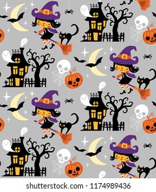 Halloween themed seamless vector pattern with cute witches, black cats, pumpkins, ghosts and haunted houses on grey background.