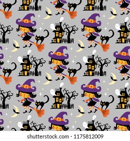 Halloween themed seamless vector pattern with cute witches, black cats, ghosts and haunted houses on grey background.