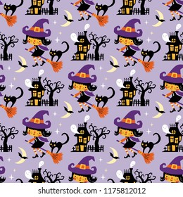 Halloween themed seamless vector pattern with cute witches, black cats, ghosts and haunted houses on purple background.