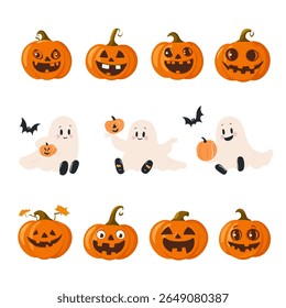 Conjunto temático de Halloween con fantasma, calavera, calabaza y murciélagos.